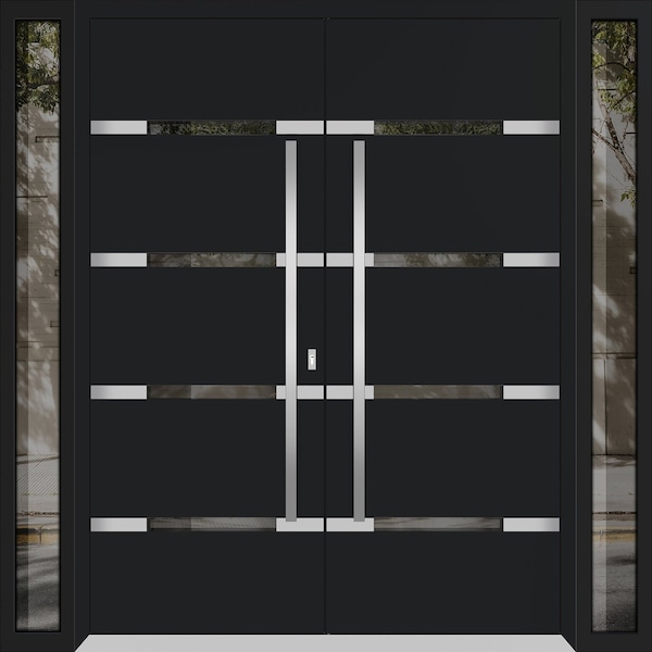 Vdomdoors Metal Double Doors Deux 1105 Black Enamel Mirrored Clear Glass 2 Sidelights Entry Modern Painted 10 DEUX1105DEXD-BLK-W16+72+16xH80-RH-I - main