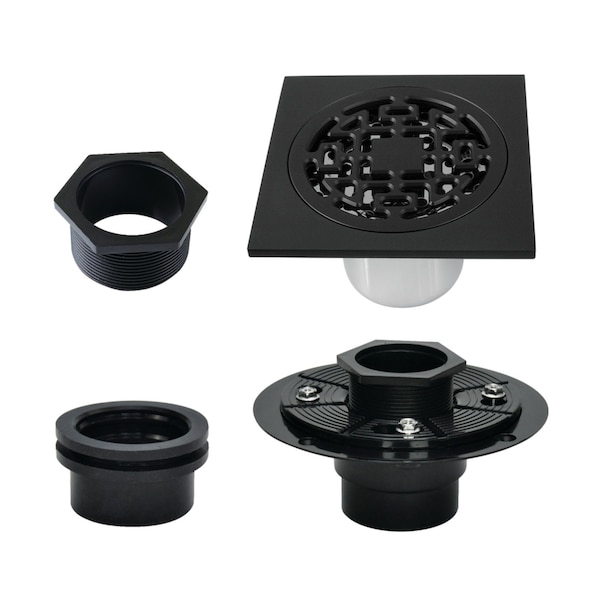 Kingston Brass 4" Brass Square Grid Shower Drain with Hair Strainer and Base Flange, Matte Black BSFK4272MB - main