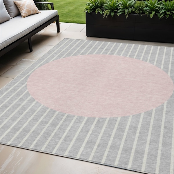 Homeroots 5' X 8' Silver And Pink Striped Washable Indoor Outdoor Area Rug 597194 - main