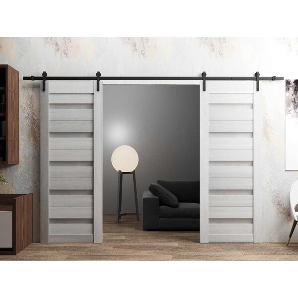Sartodoors Sturdy Dbl Barn Door 36 x 80in, Light Grey Oak W/ Frosted Glass, 13FT Rail Hangers Heavy Set QUADRO4445DB-OAK-36 - main