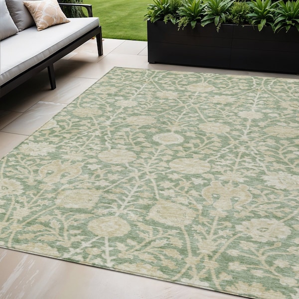 Homeroots 5' X 8' Artichoke Green And Beige Floral Washable Indoor Outdoor Area Rug 603438 - main