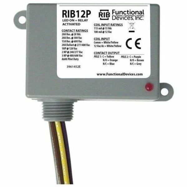 Functional Devices-Rib Enclosed Relay, 20A, DPDT, 12VAC/dc RIB12P - main