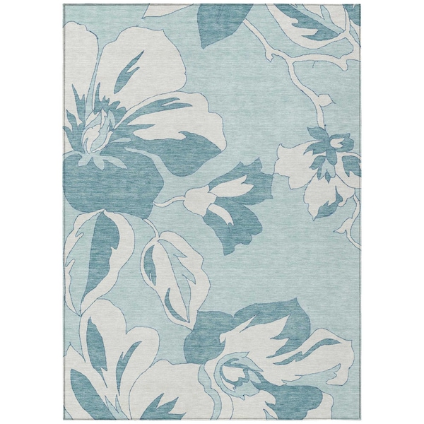 Homeroots 10' X 14' Teal Blue Aqua And Ivory Floral Washable Indoor Outdoor Area Rug 589577 - main