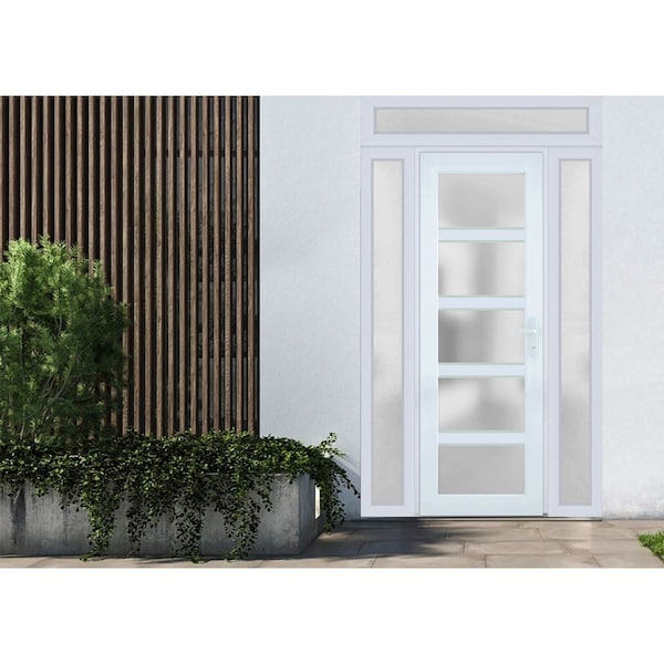 Vdomdoors Front Exterior Prehung FiberGlass Door Frosted Glass / Manux 8002 White Silk / 2 Sidelight and Tran MANUX8002EXD-WS-W14+30+14 x H80+14-LH - main