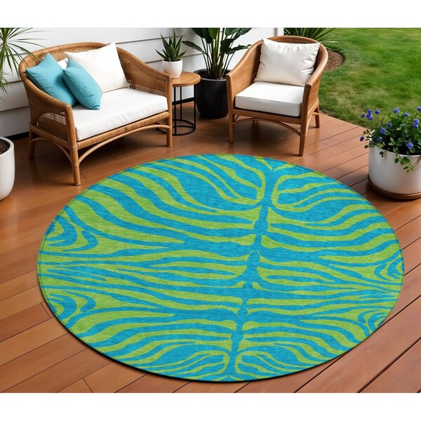 Homeroots 8' Teal Blue And Green Round Animal Print Washable Indoor Outdoor Area Rug 600710 - main