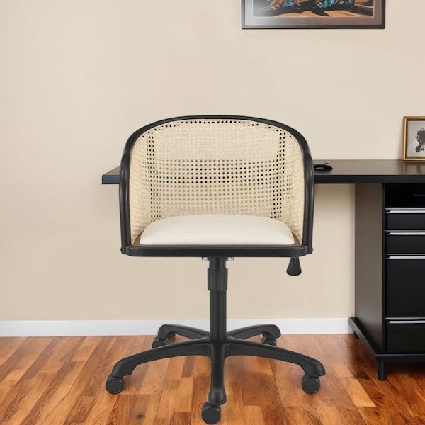 Homeroots Beige and Black Solid Wood Steel And Cane Rattan Adjustable Swivel Rolling Office Chair 558360 - main