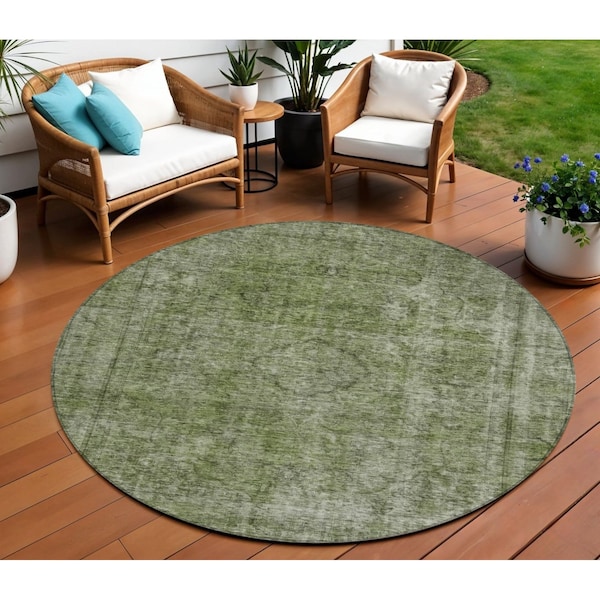 Homeroots 8' Green And Silver Round Medallion Washable Indoor Outdoor Area Rug 616432 - main