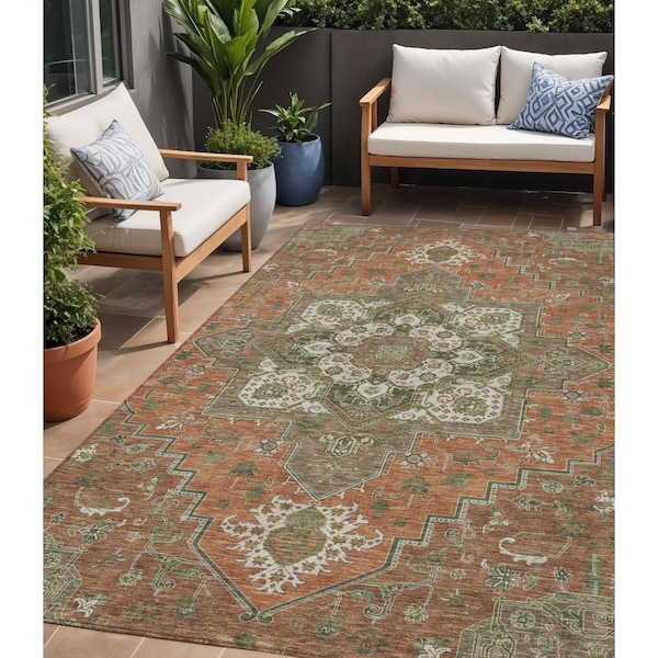 Homeroots 5' X 8' Rust Green And Brown Oriental Washable Indoor Outdoor Area Rug 600187 - main