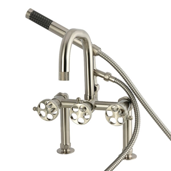 Kingston Brass 7" Center Deck-Mount Clawfoot Tub Faucet with Knurled Handle and Hand Shower, Brushed Nickel AE6008RKX - main