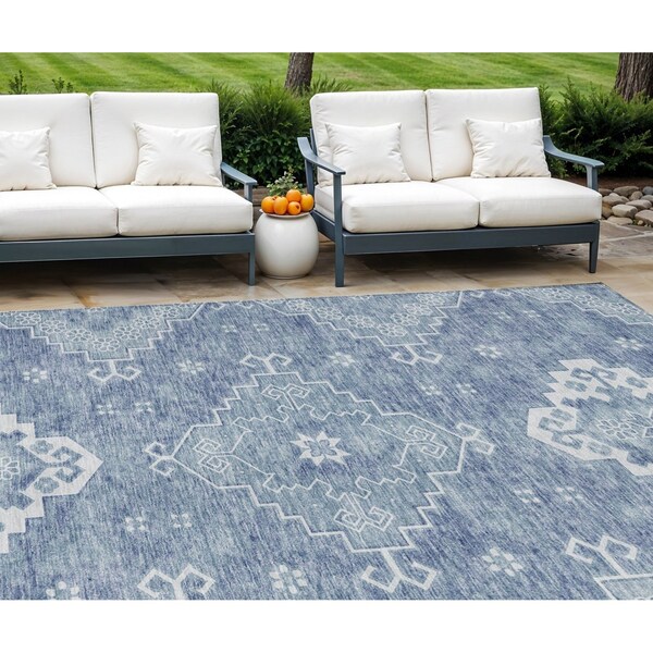 Homeroots 9' X 12' Navy Blue And Denim Blue Medallion Washable Indoor Outdoor Area Rug 589036 - main