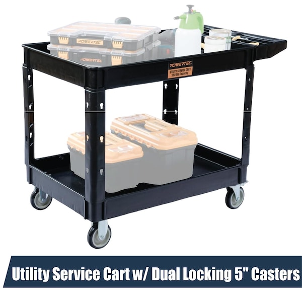 Powertec Utility Service Cart, 2 Shelf 550 lb Heavy Duty Rolling Cart with Dual Locking 5" Casters 72414 - main
