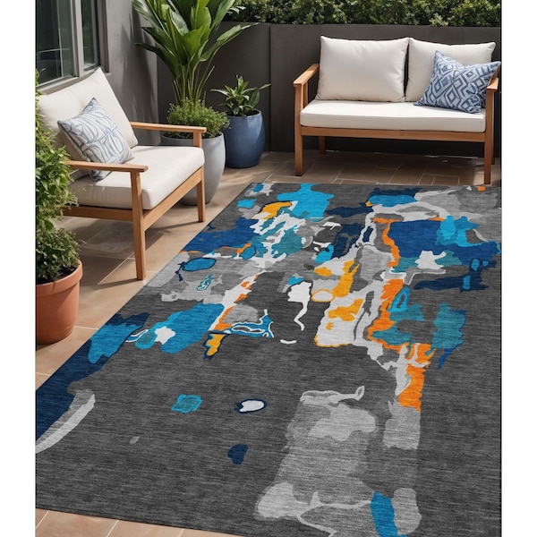Homeroots 5' X 8' Charcoal Copper And Teal Blue Abstract Washable Indoor Outdoor Area Rug 599545 - main