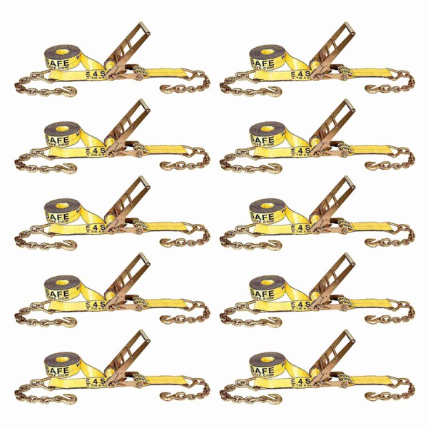 Tie 4 Safe 3'' x 30' Ratchet Strap w/ Chain Extension. WLL: 5,400 LBS Yellow, 10PK RT20R-1530-F87-Y-10 - main