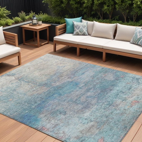 Homeroots 8' X 10' Aqua And Beige Abstract Washable Indoor Outdoor Area Rug 631446 - main