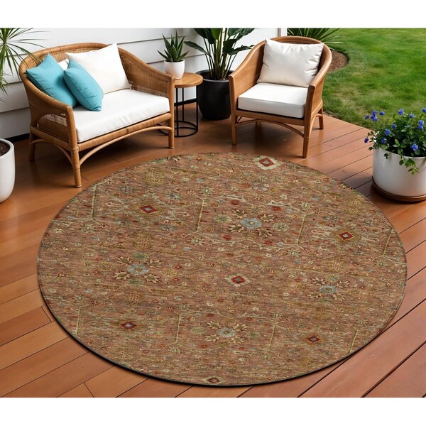 Homeroots 8' Brown Red And Green Round Floral Washable Indoor Outdoor Area Rug 604609 - main
