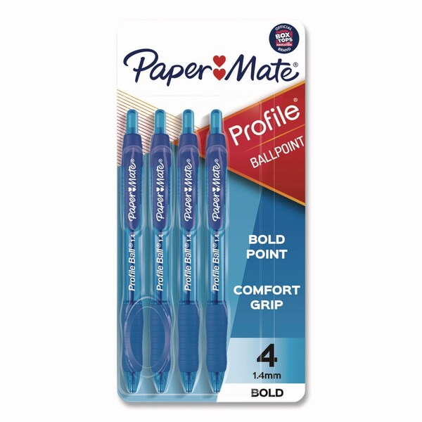 Paper Mate Profile Ballpoint Pen, Retractable, Bold 1.4 mm, Blue Ink, Translucent Blue Barrel, 4PK 1960666/89472 - main