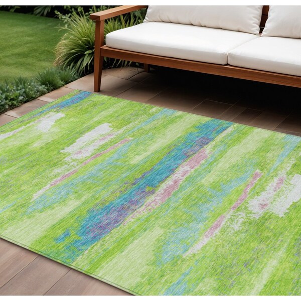 Homeroots 10' X 14' Lime Green And Sky Blue Abstract Washable Indoor Outdoor Area Rug 612520 - main