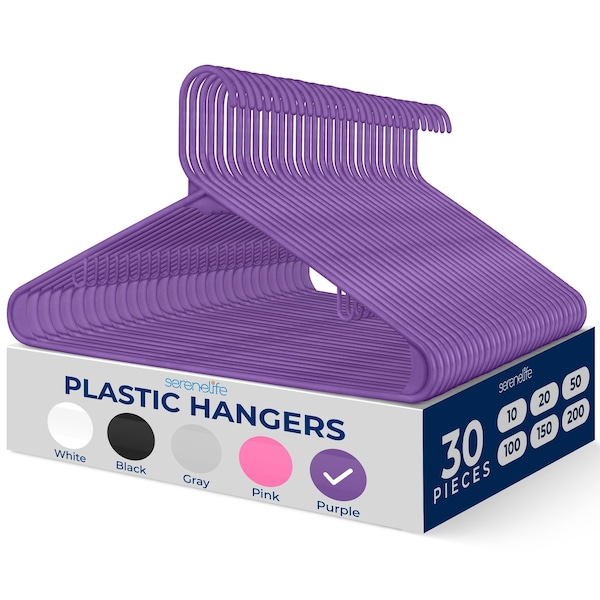 Serenelife Plastic Clothes Hangers, Non-Slip, Heavy Duty, 360 Deg Swivel Hook, Slim, Purple, 30PK SLHPLPURL30 - main