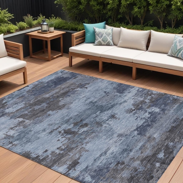 Homeroots 9' X 12' Blue And Charcoal Abstract Washable Indoor Outdoor Area Rug 630919 - main