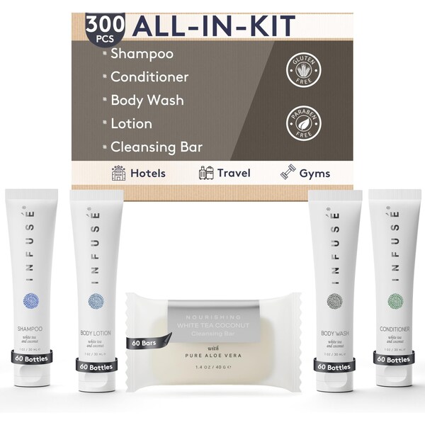 1Shopee Infuse Pure White Tea and Coconut All-In-Kit Hotel Soaps and Toiletries Bulk Set, 1oz Shampoo and BPCHOTELSETAL11INF60 - main