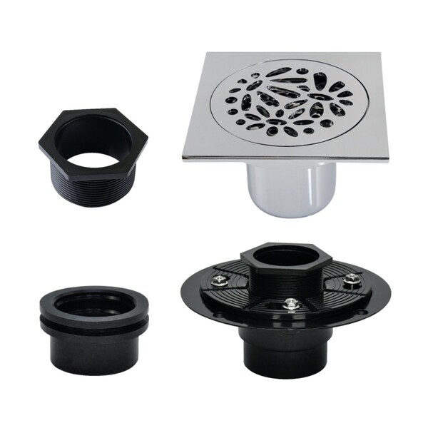 Kingston Brass 4" Brass Square Grid Shower Drain with Hair Strainer and Base Flange, Polished Chrome BSFK6360C - main