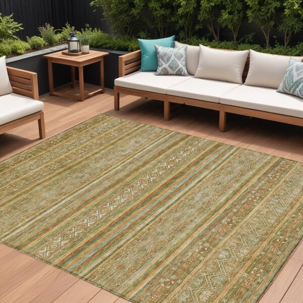 Homeroots 9' X 12' Artichoke Green Gold And Beige Southwestern Washable Indoor Outdoor Area Rug 615948 - main