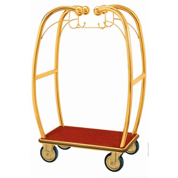 Aarco Curved Bellman's Luggage Cart, All Welded Construction, Brass Finish, 6 in Pneumatic Wheels, Red Carpet Bed and Bumper Guards, 47.25 in L x 25.5 in W x 73 in H BEL-101B - main