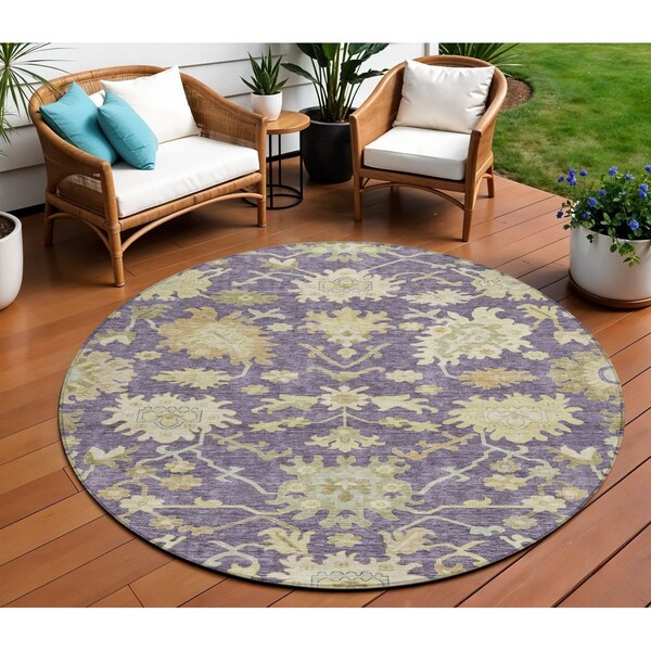 Homeroots 8' Eggplant Beige And Green Round Floral Washable Indoor Outdoor Area Rug 605201 - main
