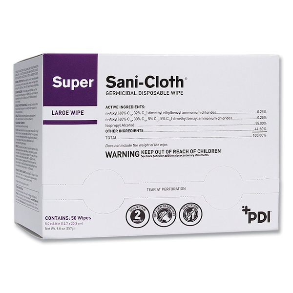 Sani Professional Super Sani-Cloth Germicidal Disposable Wipes, Large, 1-Ply, 5 x 8, Unscented, White, 50PK H04082 - main