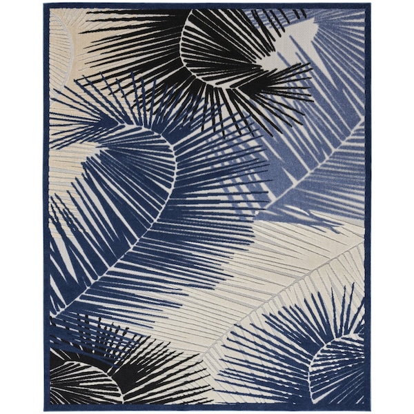 Homeroots 8' X 10' Navy Blue Ivory And Black Palm Leaf Indoor Outdoor Area Rug 550535 - main