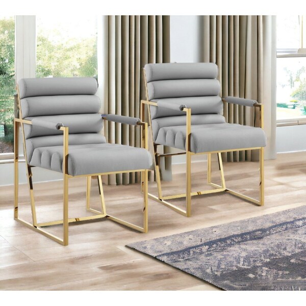 Homeroots Set of Two Tufted Gray And Gold Upholstered Faux Leather Dining Arm Chairs 545060 - main