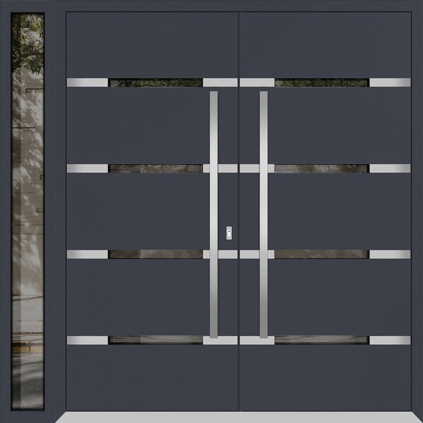 Vdomdoors Metal Double Doors Deux 1105 Gray Graphite Mirrored Glass 1 Sidelight Entry Modern Painted 84x80 (W DEUX1105DEXD-GRE-W72+12xH80-RH-O - main
