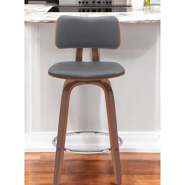 Homeroots 26" Gray And Wood Brown Faux Leather Swivel Low Back Counter Height Bar Chair 534430 - main