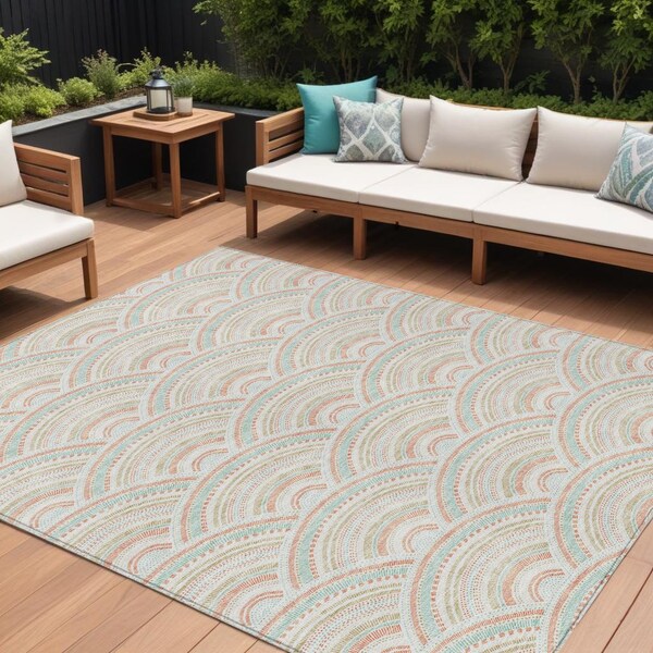 Homeroots 8' X 10' Linen Orange And Ivory Geometric Washable Indoor Outdoor Area Rug 615203 - main