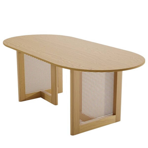 Homeroots 67" Natural Solid Wood Mirrored Double Pedestal Base Oval Dining Table 712155 - main