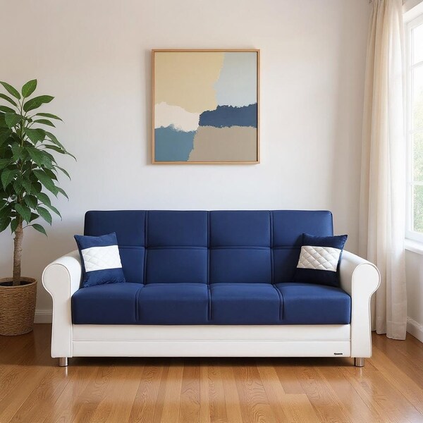 Homeroots 89" Sky Blue Polyester Convertible Futon Sleeper Sofa And Toss Pillows With Storage 607112 - main