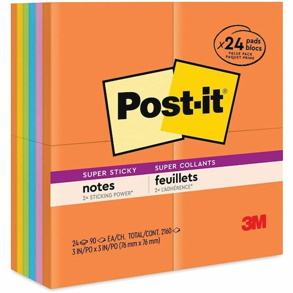 Post-It Pads in Energy Boost Collection Colors, 3" x 3", 90 Sheets/Pad, PK24 65424SSAU - main