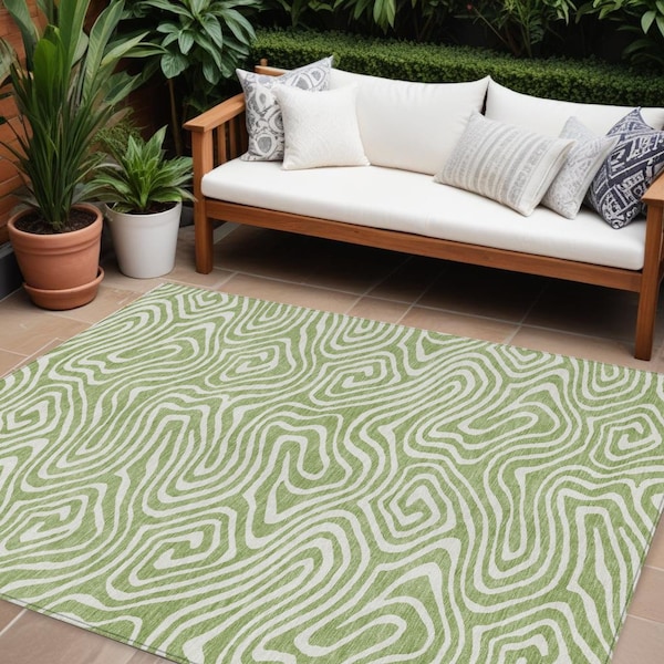 Homeroots 10' X 14' Artichoke Green And Ivory Abstract Washable Indoor Outdoor Area Rug 598943 - main