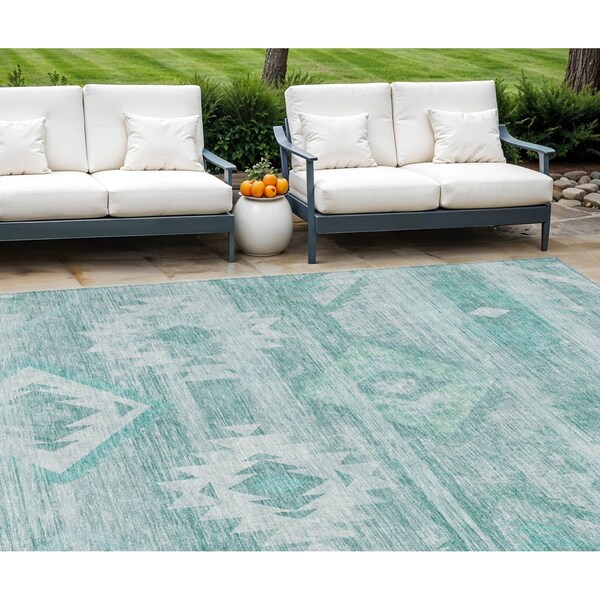 Homeroots 8' X 10' Aqua Turquoise And Ivory Southwestern Washable Indoor Outdoor Area Rug 588687 - main