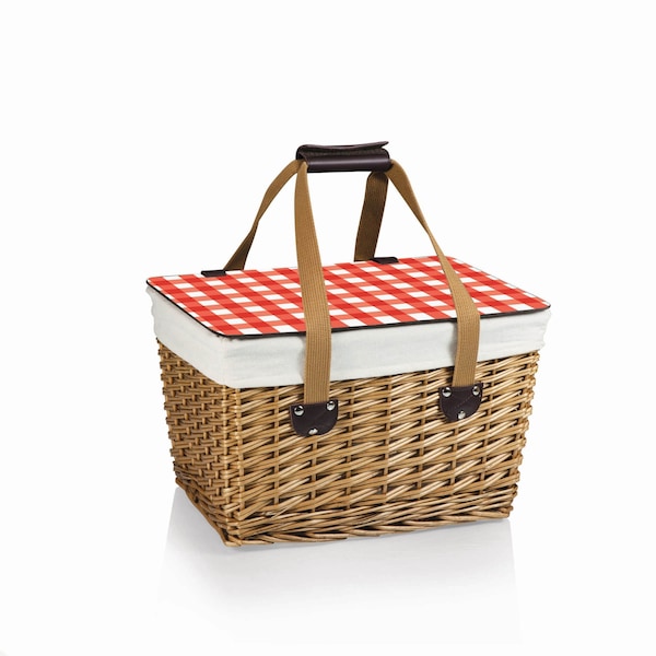 Picnic Time Family Of Brands Canasta Wicker Basket, Beige Canvas with Red & White Gingham Pattern Lid 118-00-300-000-0 - main