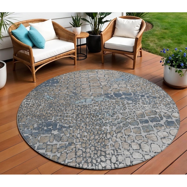 Homeroots 8' Silver Blue And Brown Round Abstract Washable Indoor Outdoor Area Rug 596832 - main
