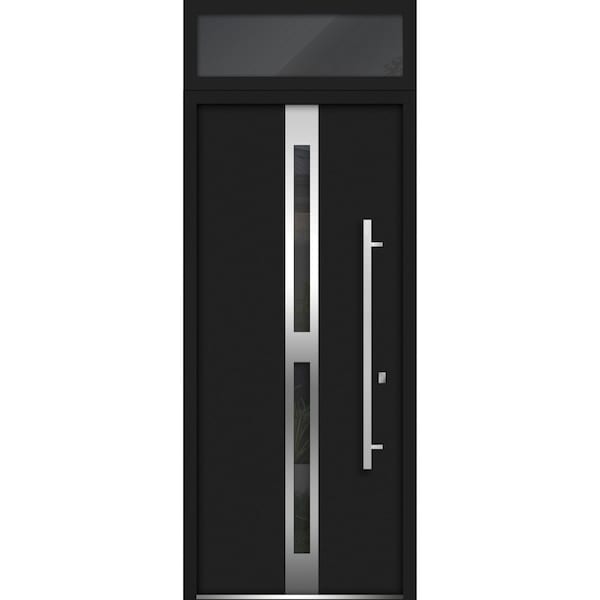 Vdomdoors Steel Door Deux 1755 Black Enamel Transom Window Stainless Inserts Single Modern Painted-W36xH80+16 DEUX1755EXD-BLK-W36 x H80+16-Left-hand Inswing - main