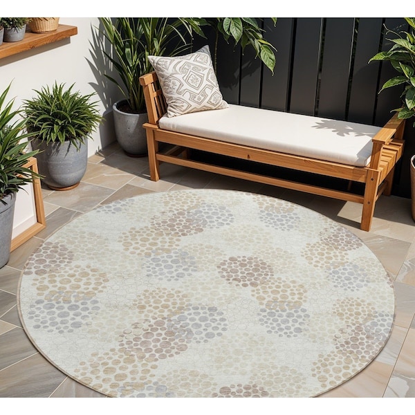Homeroots 8' Ivory Brown And Gray Round Polka Dot Washable Indoor Outdoor Area Rug 594258 - main