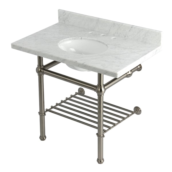 Kingston Brass 36-Inch Carrara Marble Console Sink with Brass Legs and Shelf, 8-Inch, 3-Hole KVPB3630MBB8 - main