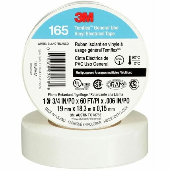 3M Vinyl Electrical Tape, 165, Temflex, 3/4 in W x 60 ft L, 6 mil thick, White 165WH4A - main