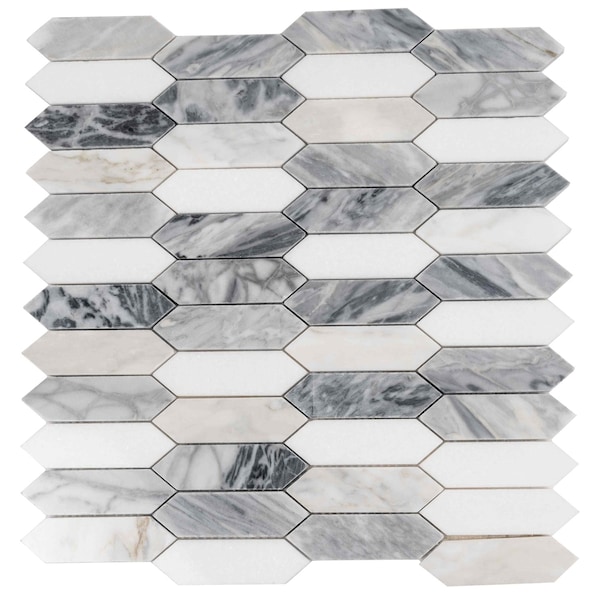 Apollo Tile Toscana 12x12 in. Polished Calacatta Bluette, Thassos White Elongated Picket Mosaic Tile, 5PK APLEML88G48A - main