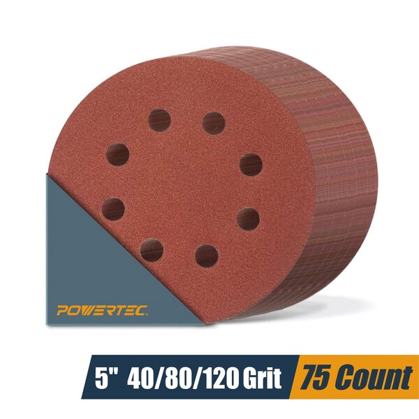 Powertec 5 in. 8 Hole Hook and Loop Sanding Discs Assortment, Aluminum Oxide, 40/80/120 Grit, 75PK 45003N - main