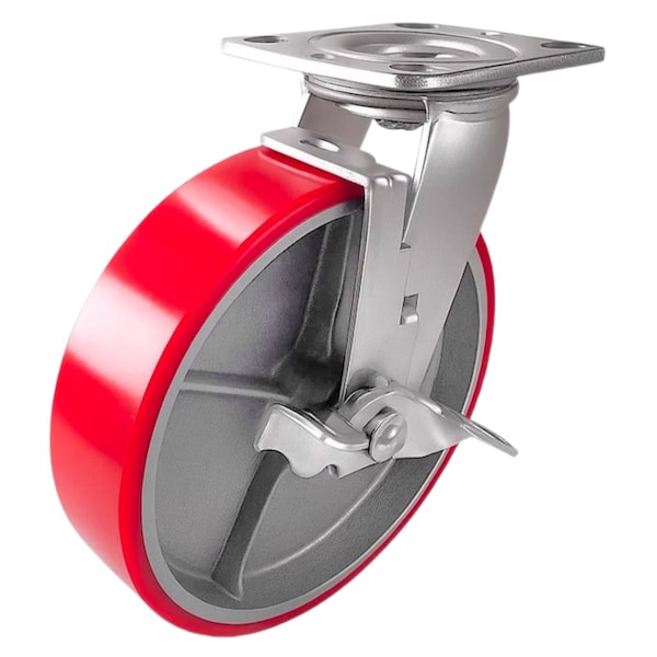 Hyw Products Heavy Duty Caster 8in Red Polyurethane on Cast Iron Wheel, Swivel with Brake 40-80S-A1-PC-TB(R) - main