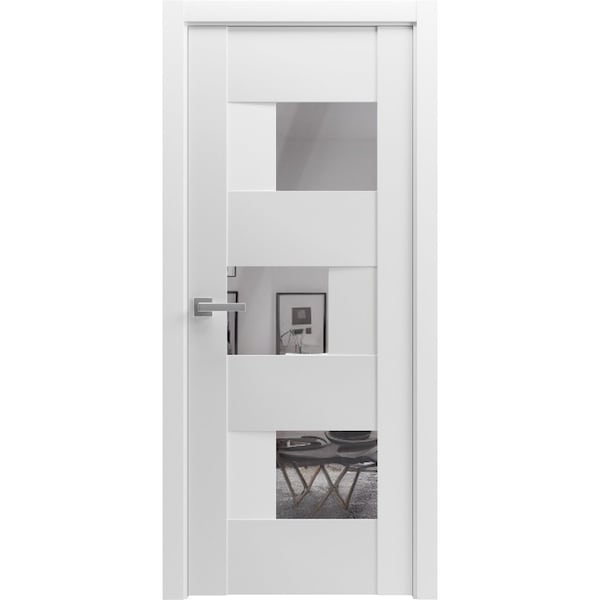 Vdomdoors Solid French Door Opaque Glass Sete 6999 White Silk with Mirror Single Regular Panel Frame Handle SETE6999ID-WS-1896 - main