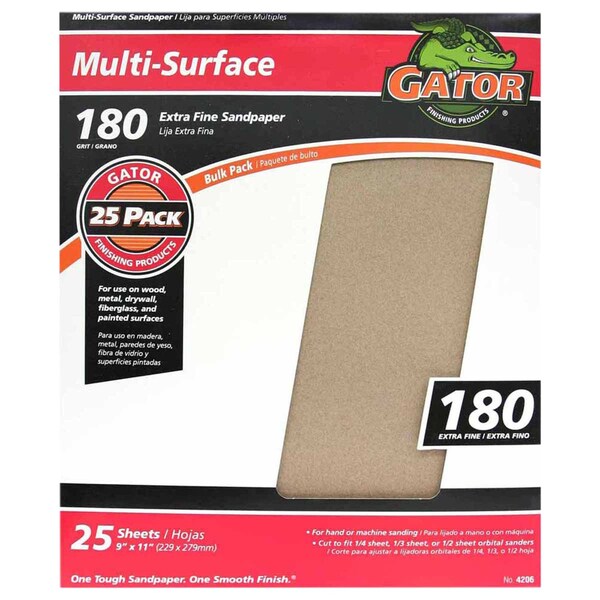Gator Finishing 9 x 11 in. Multi-Surface Sandpaper, 180 Grit, Extra Fine, 25PK 4206 - main